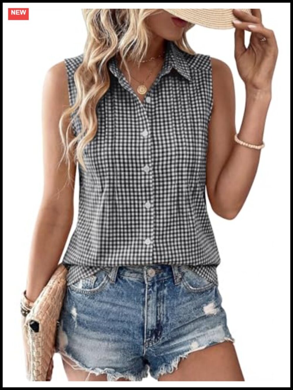 Women's Sleeveless Button Down Blouse Pleated Front Cotton Office Top